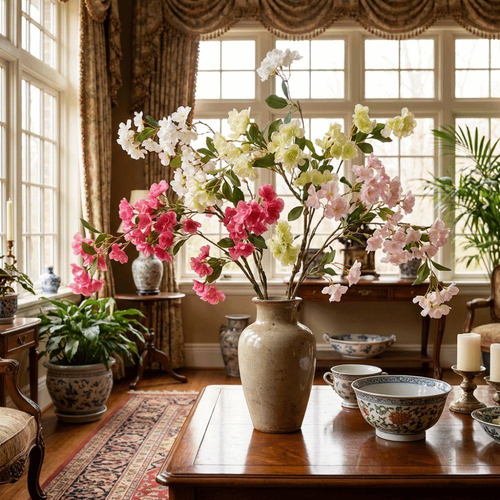 Long Branch Artificial Cherry Blossom Realistic Real Touch Silk Cherry Blossoms Branch Handmade with Leaves Fake Flower