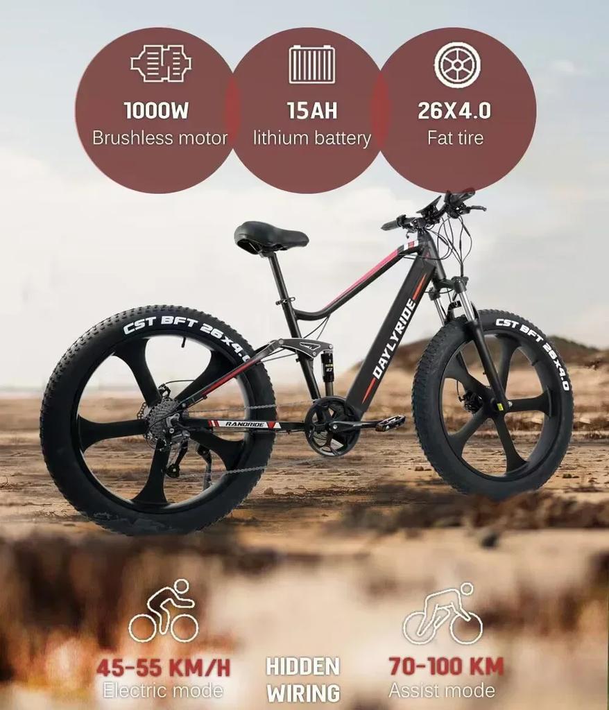 RANDRIDE YX90 1000W Motor 48V13.6AH Fat Tire Mountain ebike Beach Snow Hidden Lithium Battery aldult Electric Bicycle