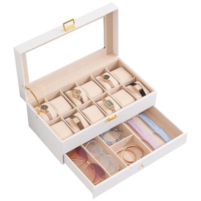 ProCase תיבת תצוגה לשעונים 12 תאים עם קופסת שעון עם זכוכית, מתלה מארגן אחסון תכשיטים דו-שכבתי, קופסה לגברים, מגירה, מכסה לגברים,