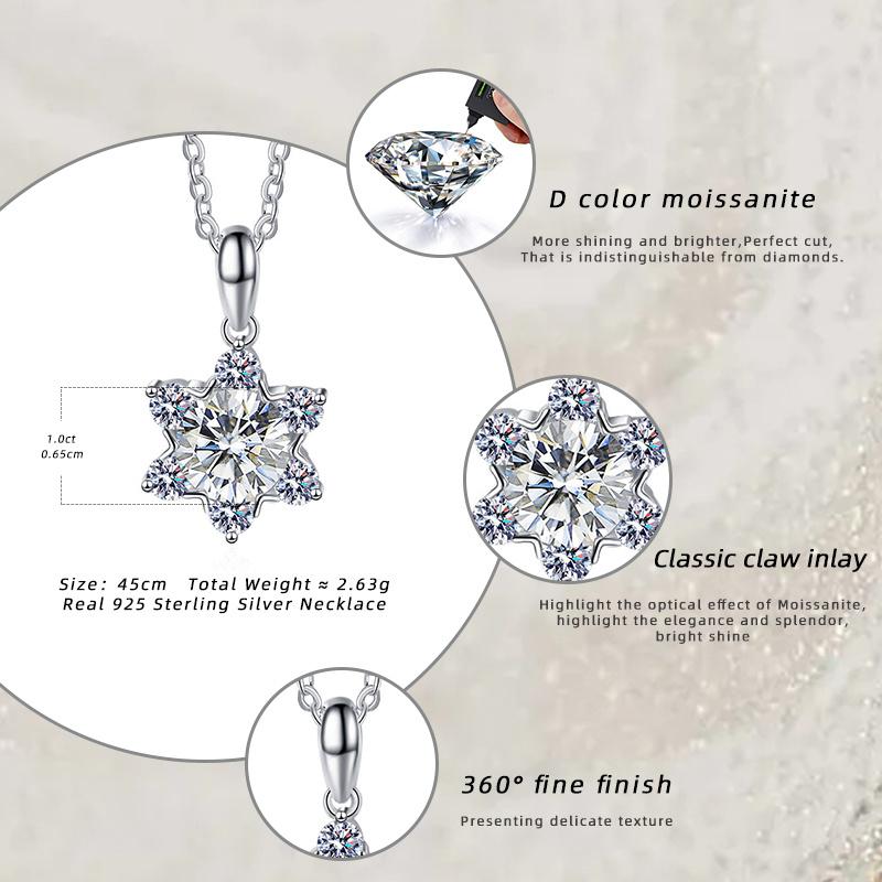 Bague Ringen 100% 925 Silver Fine Necklace 1 Carat Moissanite Classic Snowflake Pendant For Women Wedding Fashion Jewelry Gifts