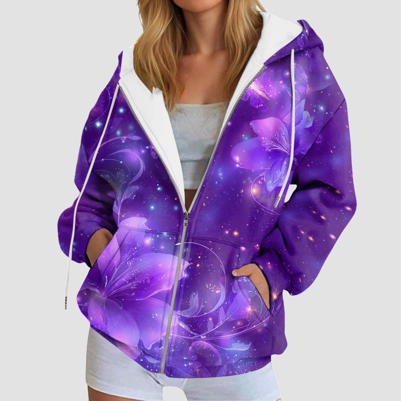 Stylish Printing Hooded Women'S Sweatshirt With Pockets Autumn/Winter Long-Sleeve Casual Hoodies Full Zipper Outdoor Sportwears