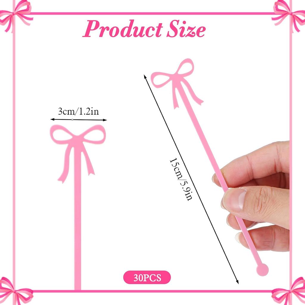 30 Pack Coquette Acrylic Bow Drink Stirrers, Pink Swizzle Sticks for Cocktail Coffee Reble Stirrers for Bachelorette Wedding Bridal Shower Party