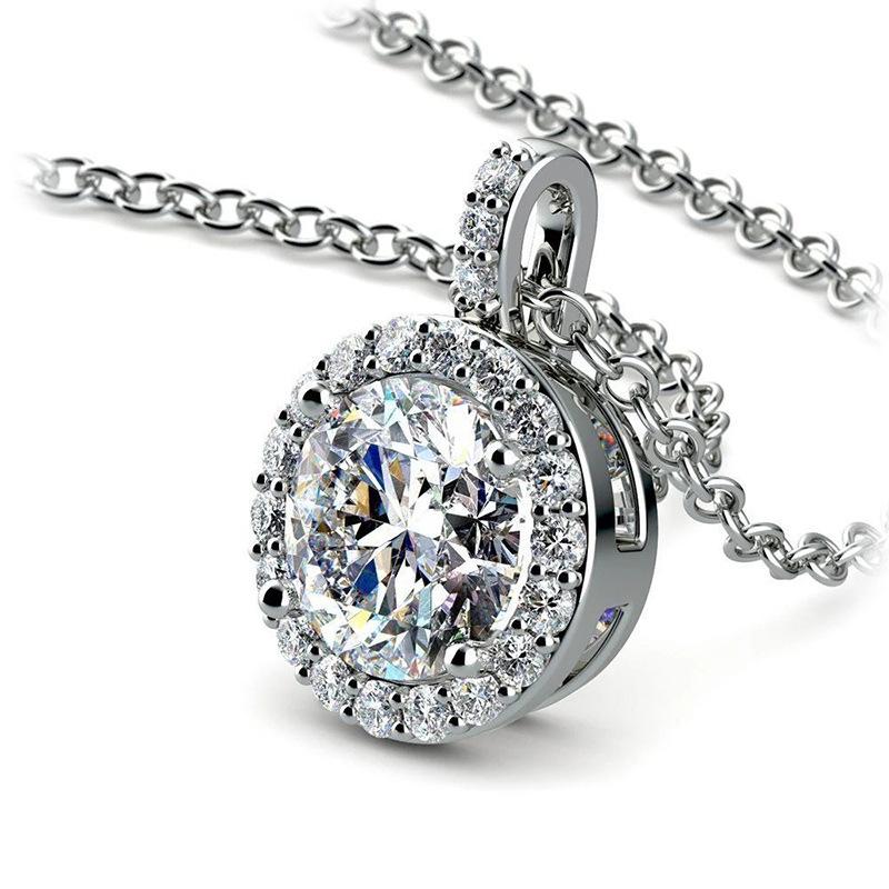 Round Center Stone Full Halo Paved Cubic Zirconia Bezel Pendant Clavicle Necklace