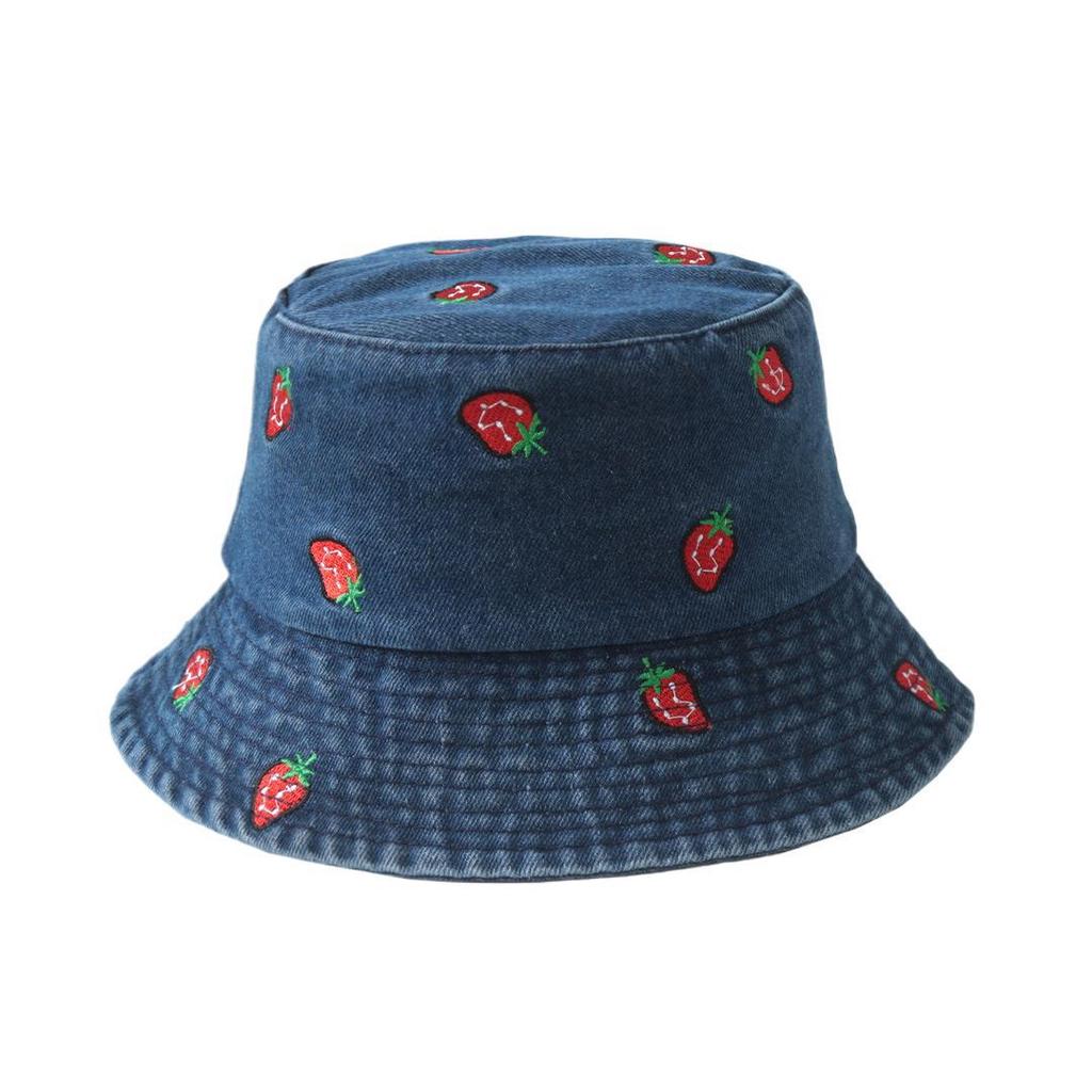 Hat Female Versatile Wide Brim Round Face Showing Face Small Shading Denim Bucket Hat Embroidered Strawberry Pattern Basin Hat Tide