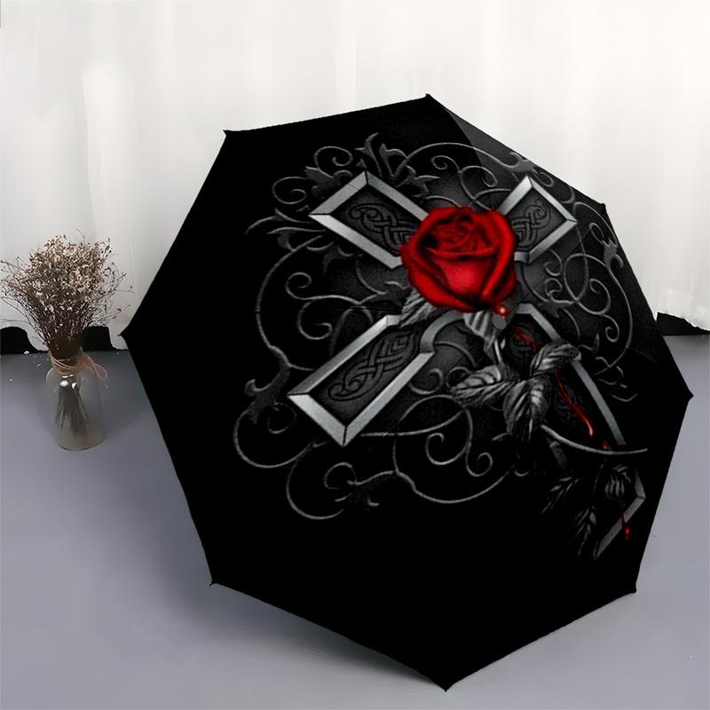 1pc Gothic Rose Cross Design Umbrella with Plastic Handle,Suitable for All Seasons UmbrellaPT522