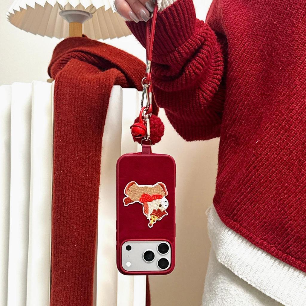 Embroidery Horse Case with Hand Strap & Fur Ball for iPhone 14/15/16/17 Pro Max & Huawei