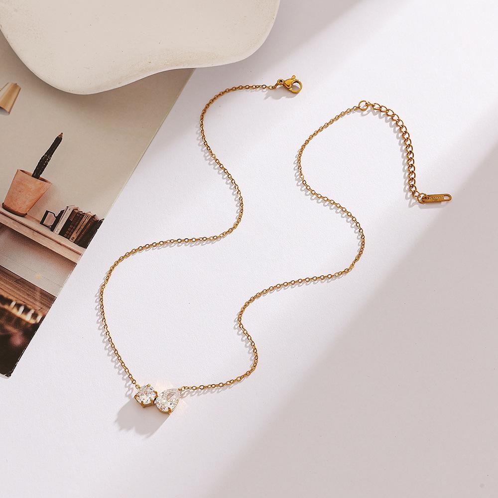 18K Gold-Plated Stainless Steel Necklace with Zircon Pendant - Simple, Fashionable, Waterproof Design for Women