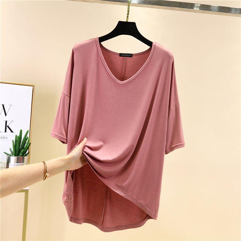 

Женская летняя тонкая рубашка из модала с v-образным вырезом, футболка с короткими рукавами, большой свободный универсальный топ со средними рукавами 2XL розовый