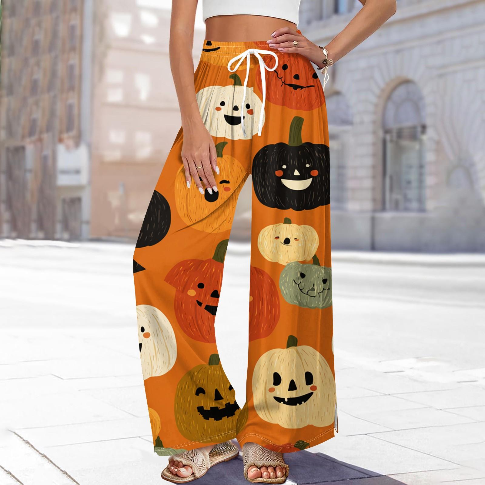 

Женские повседневные модные брюки прямого кроя с широкими штанинами, эластичной талией на кулиске, карманами и принтом на Хэллоуин L