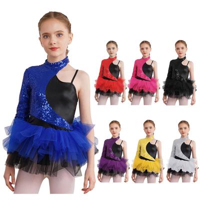 Kinder Mädchen Glänzendes Pailletten Tanzkleid Asymmetrische Ärmel Kontrastierender Tüllrock Trikotkleid Tanzkostüme