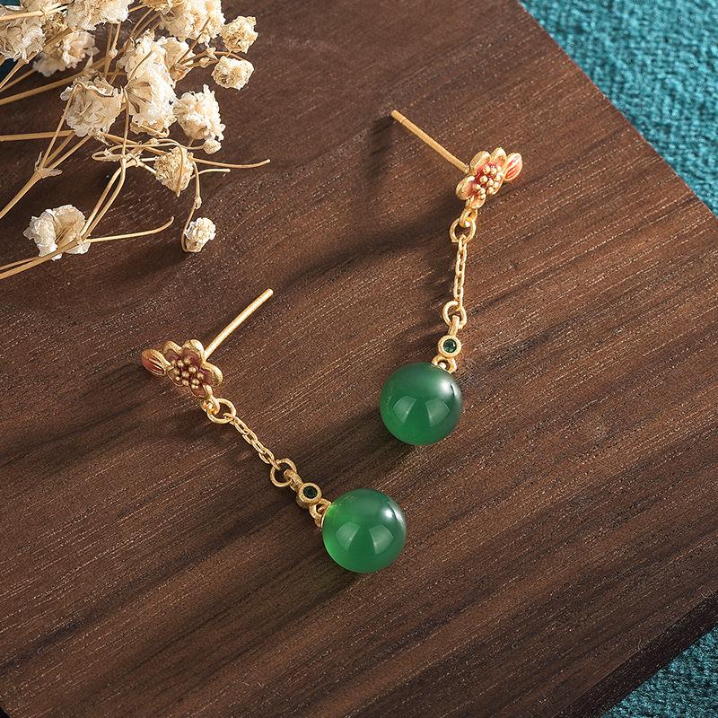 Guochao Cloisonné Enamel Stud Earrings with Natural Chalcedony Tassels