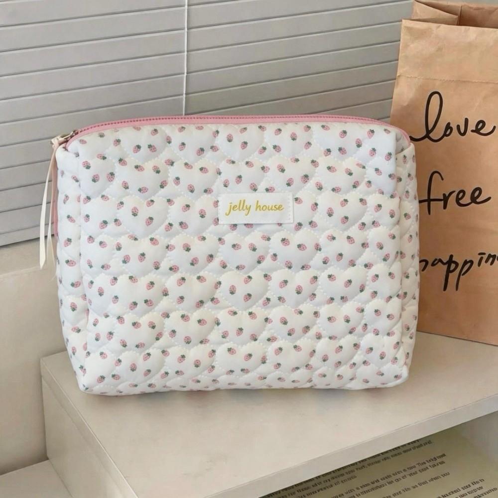 Cotton Makeup Organizer Strawberry Pattern Toiletry Bag Travel Makeup Pouch  Luggage Organization
