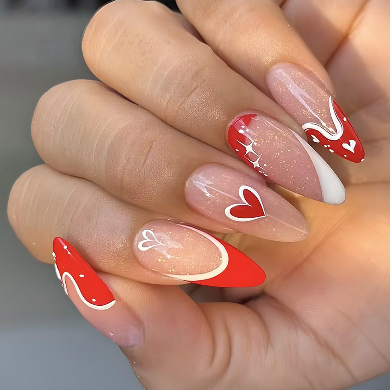 

24 шт. накладных ногтей на День святого Валентина, длинные, миндалевидные, с полным покрытием, искусственные ногти, глянцевые, с сердечным дизайном