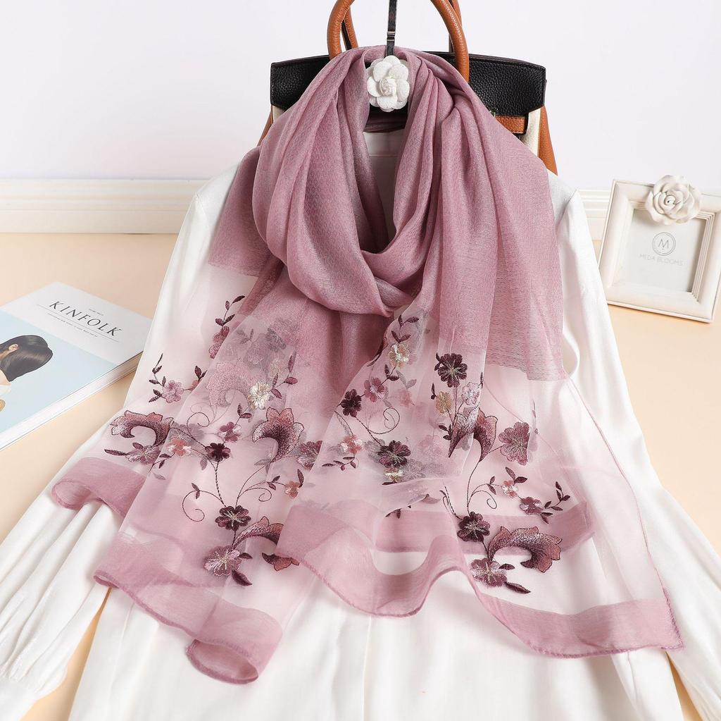 Silk Women Scarf Warm Wool Shawls Lady Wraps Floral Pashmina Embroidery Scarves Foulard Hijab  Long Female Hair Bandana