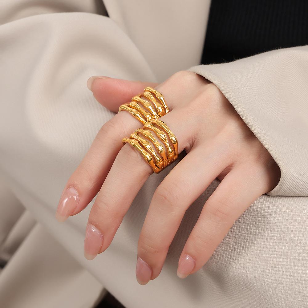 Wind New Fashion Personality Simple Design Titanium Steel Gold Plated Multi-layer Bamboo Ring Jewelry