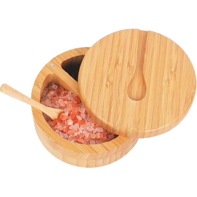 HTB Bamboo Salt and Pepper Bowls, Divided Salt Cellar With Swivel Lid and Spoon, Seasoning Containers With Magnetic Lid to Keep Dry, Mini Spoon Built Large