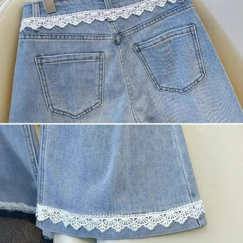 Bequeme Helle Jeans Damen Locker Gespleißte Spitze Spitze High-Waist Schleppende Weitbeinige Mikro-Schlaghose Lange Hose Tide Lange Denimhose