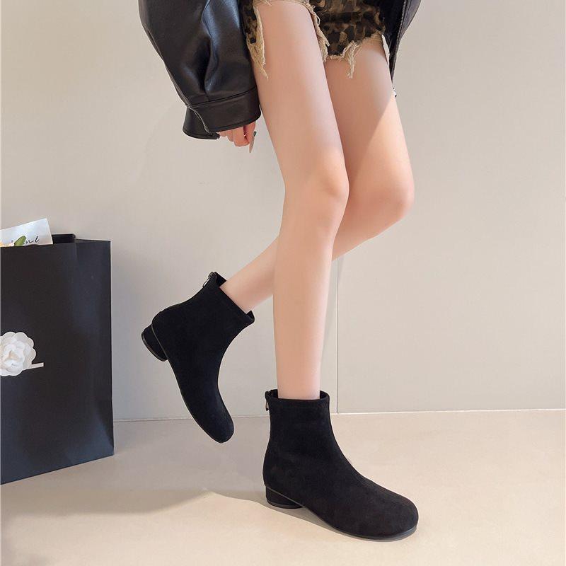 Ankle Boots Skinny Retro Martin Boots Women'S Round Head Suede Single Boots Thick Heel Short Boots Skinny Boots