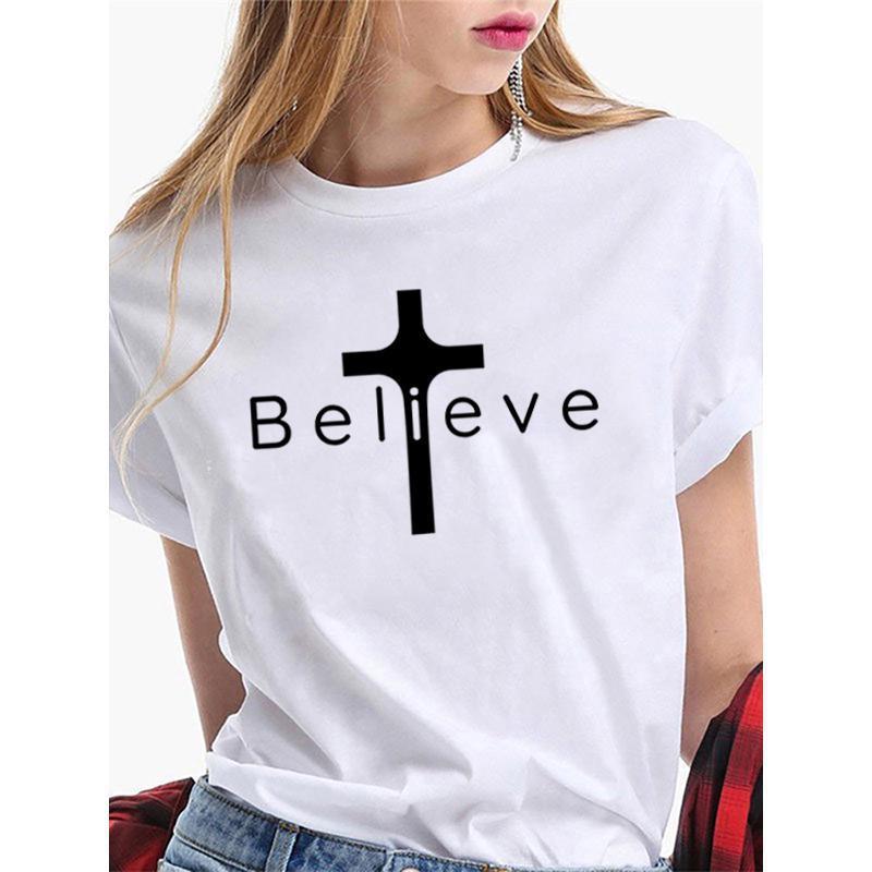 

Женская одежда Футболки Believe для женщин Рубашки с крестиком; Христианские рубашки; Рубашки Бога; Рубашки Веры; Рубашки Бога; Женские футболки Футболки с круглым вырезом Топ
