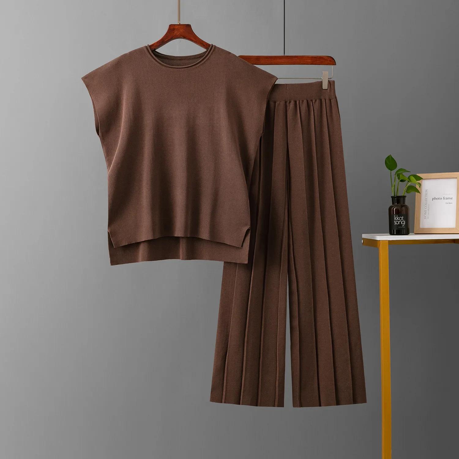 

Стильный женский жилет без рукавов, свитер и широкие брюки, костюм из ледяного шелка, летний однотонный повседневный наряд XS