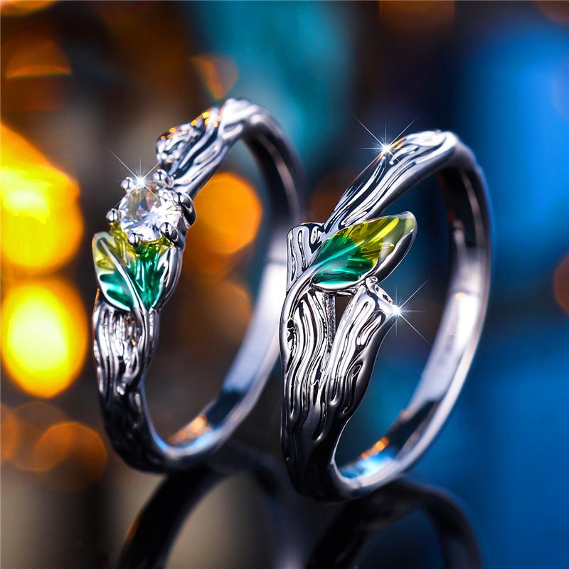 Женский набор колец из зелевой эмали и белого камня, модный серебристый цвет, листья, помолвочное, милое, свадебное, подарок для женщин 9