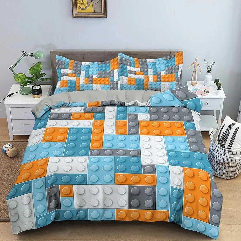 3D Building Block Pattern Duvet Cover Set Boys Girls Bedroom Fun Brick Printing Bedding Set Geometric Rectangle Comforter Cover