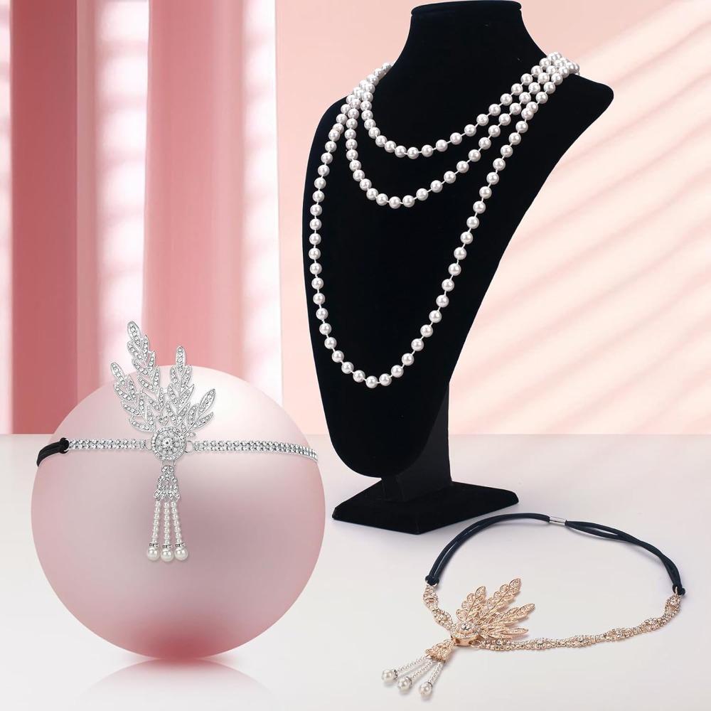 2 Piezas Collar de Perlas Fiesta de los Años 20 Mascarada Dama Diadema Decorativa de Plumas de Aleación Conjunto de Accesorios Flapper para Mujeres