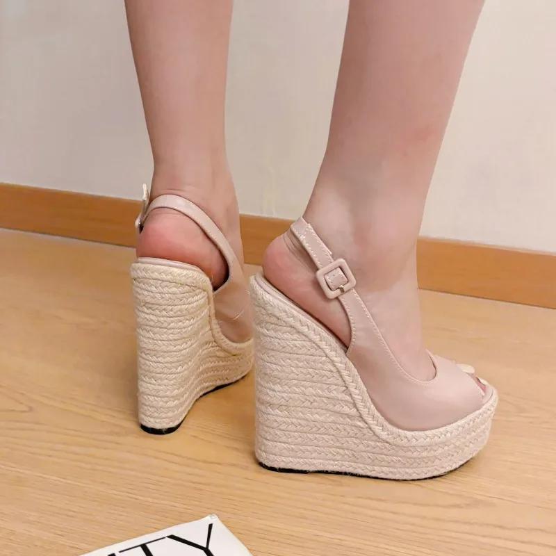 Fashion Fashion New Wedges Woven Hemp Rope High Heels Womens Sandals Fish Mouth Platform Back Buckle Strap Thick Soled Shoes Apricot