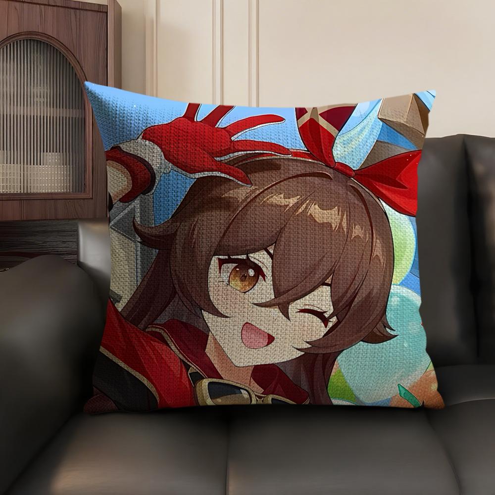 Amber Cute Genshin Impact Cushion Cover Natural Linen Organic Fabric DoubleSided Printing Sofa Home Decor Gift Pillow Case