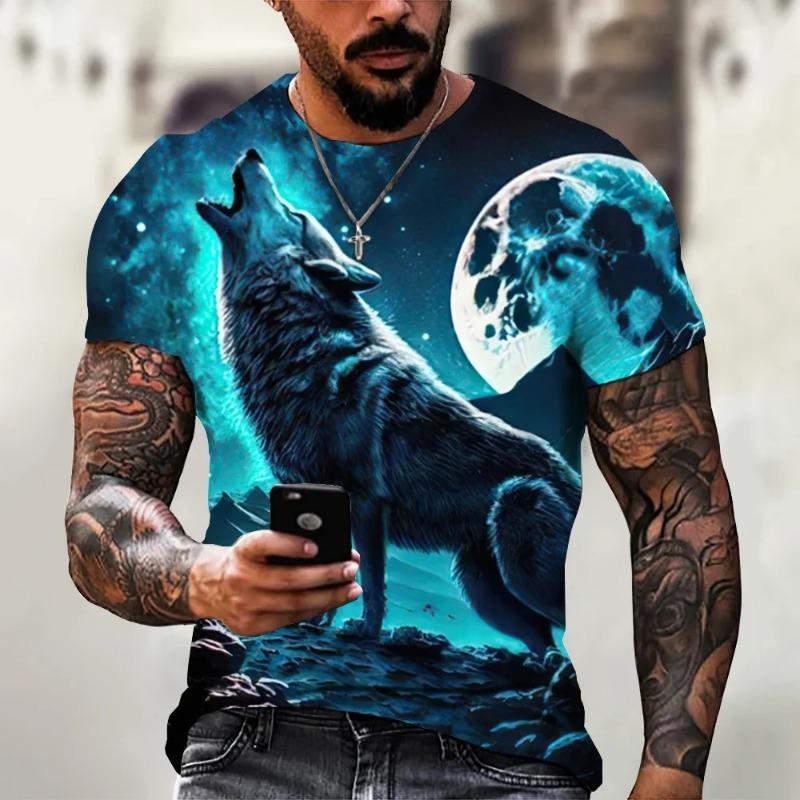 2024 Summer New T-shirt Men's Animal 3D Print Wolf Short Sleeve Top Casual Street Plus Size Men's Clothing