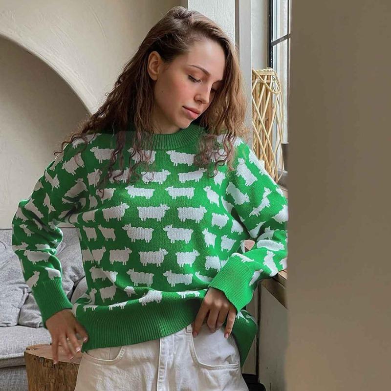 Autumn Round Neck Sheep Printed Pullover Sweater Women Fashion Winter Long Sleeve Loose Casual Knitted Sweaters Women Retro Warm Knitwear Jumper 24646