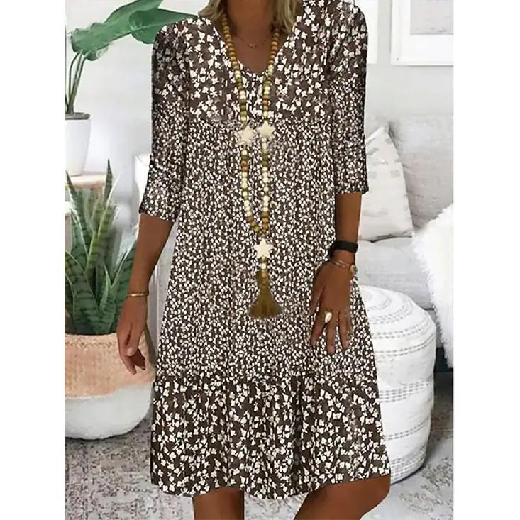 2026 Wish Summer New Printed Mid-Sleeve V-Neck Mid-Length Dress for Women S