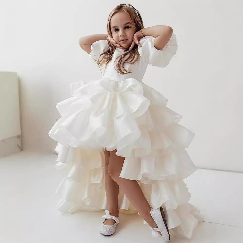 Girls' White Puffy Princess Dress - Flower Girl Wedding Long Gown