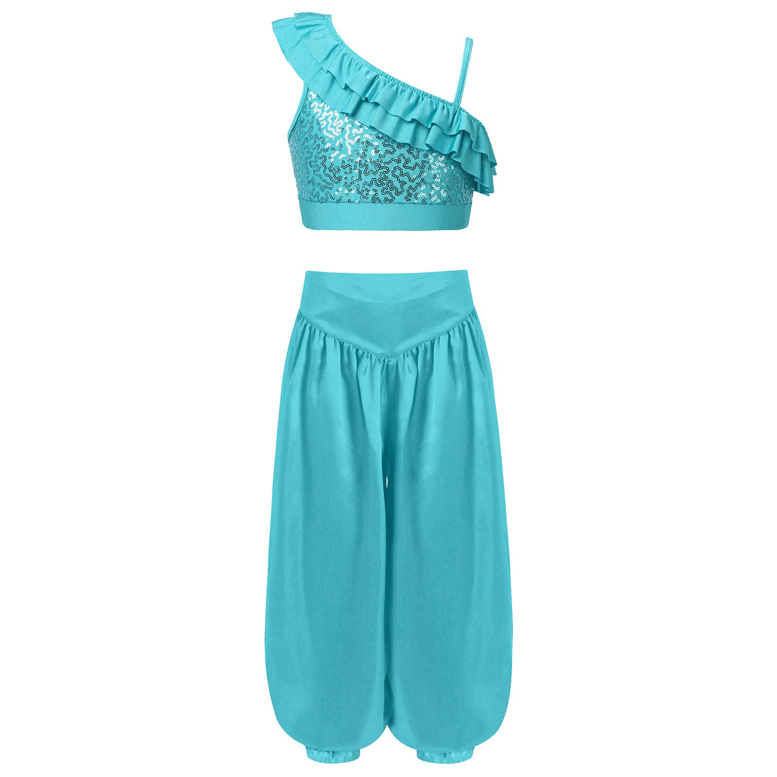 

Girls Belly Dance Outfit Asymmetrical Shoulder Straps Sleeveless Sequin Ruffle Crop Top Satin Bloomers Pants 11-12 Years