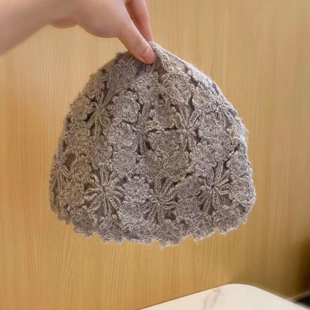 Handwoven Crochet Pullover Hat Retro Basin Hat Sweet Knitted Beanie Cap Women