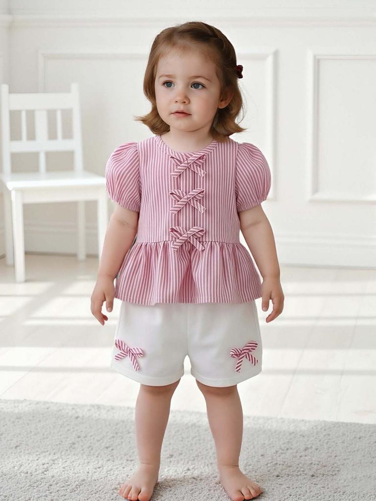 Baby Girl Clothing Set Summer Outfit Pink Stripe Top with Bow & Shorts Newborn Toddler 0-3Y