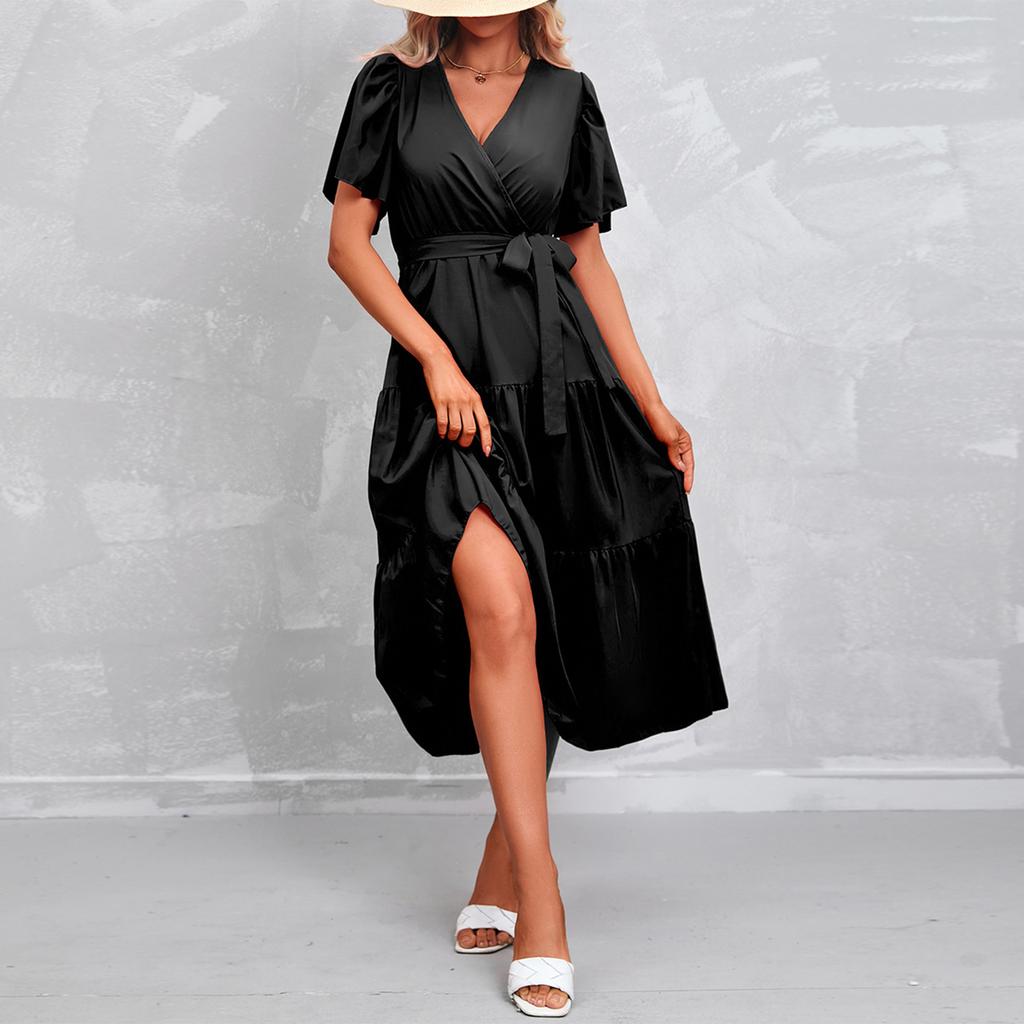 Modisches Damen Sommerkleid in Farbe mit V-Ausschnitt, kurzen Ärmeln und Bindung für den Strandurlaub