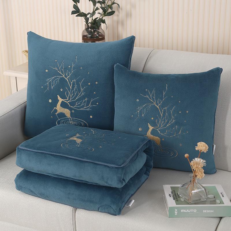 Dual-Use Pillow & Blanket: Crystal Velvet Embroidered Cushion for Car & Office Naps