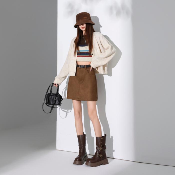 

Millefleurs Suede A-Line Mini Skirt: Autumn/Winter, Anti-Exposure, Slimming, Versatile Fashion for Women M