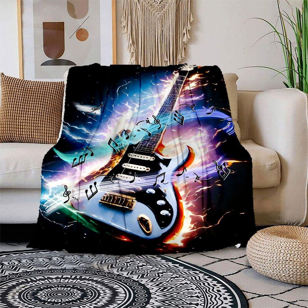 Electric Guitar Music Notes Flame Art Print PosterBlanket Flannel Throw Blanket for Sofa, Bed, Travel, Camping, Office