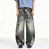 Y2K Vintage Distressed Denim Pants With Leopard Print Patchwork Relaxed Wide-Leg Straight Cut Unisex Low-Waist Jeans