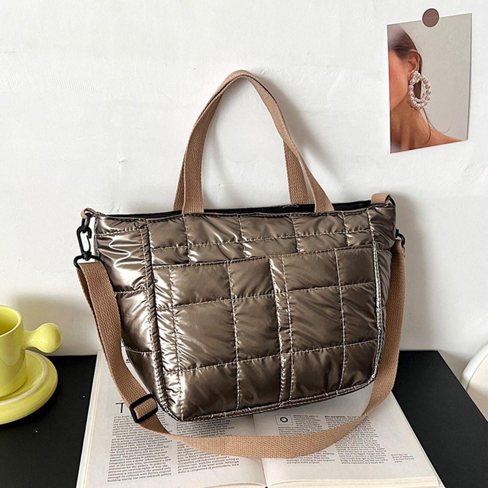 New Large Capacity Down Bags Quilted Design Solid Color Tote Bag Shoulder Bag Winter