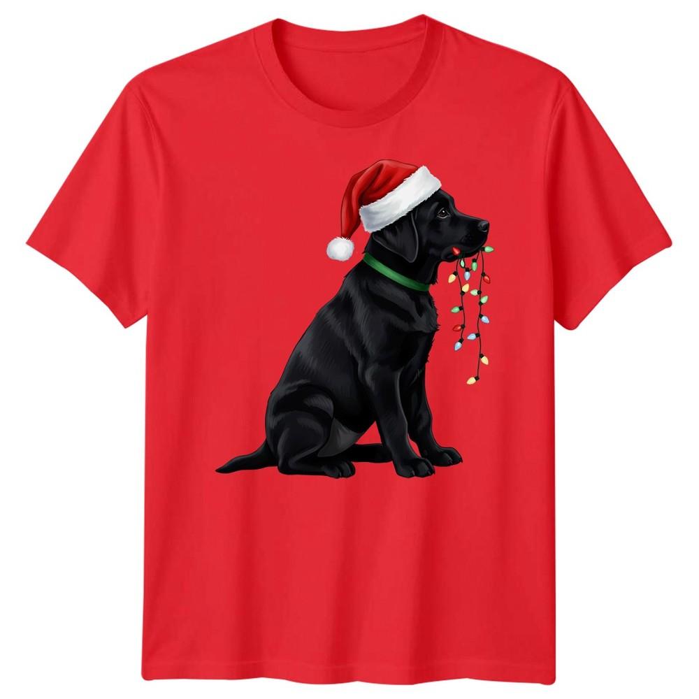 Black Labrador Dog Christmas Holidays Unisexs Unisexs Graphic Tee Santa Hat Lights
