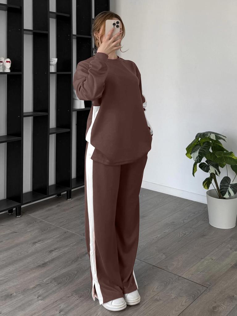 European and American new fashion leisure sports contrasting color suit autumn and winter knitted long-sleeved trousers color matching two-piece set