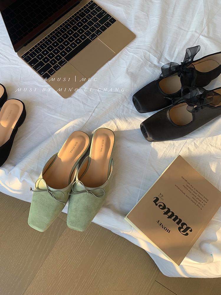 Women‘s Summer New Sandals Casual Slip on Lady Mules Butterfly-knot Comfort Slippers Square Toe Slingback Ladies Flat Sandals