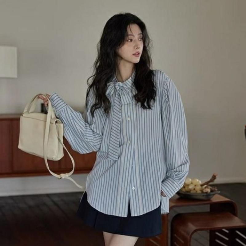 Ladies' Striped Shirt Women's Bow Tie Round Neck Long Sleeved Blouse Spring New Version Korean Style Loose Versatile Casual Top