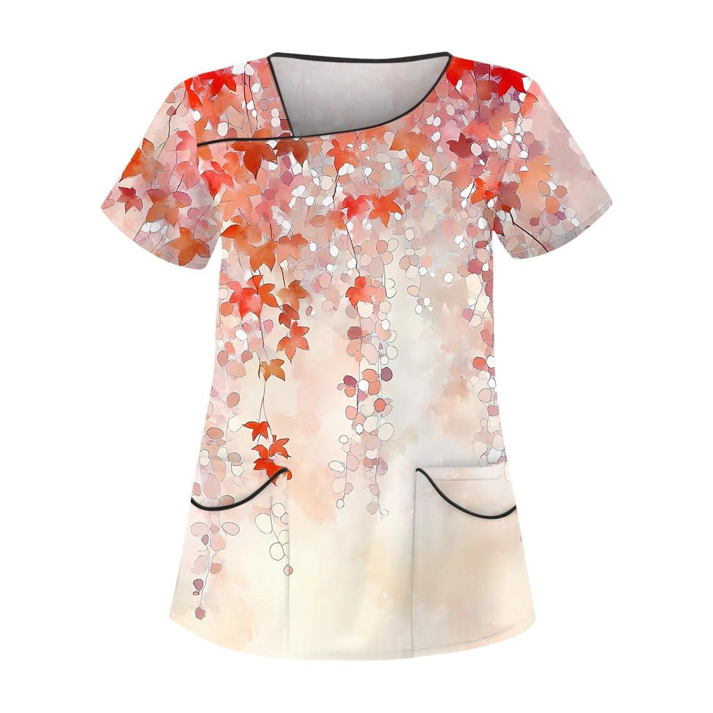 Women's Casual Print Short Sleeve Sloping Collar Workwear Top With Double Pockets