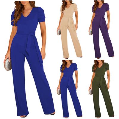 (Qunide) Einfarbiger Damen-Jumpsuit mit V-Ausschnitt, kurzen Ärmeln, weitem Bein und Trägern in der Taille