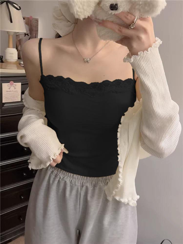 #Spring new models, short lace lace sweet girl style suspender tube top versatile solid color small suspender