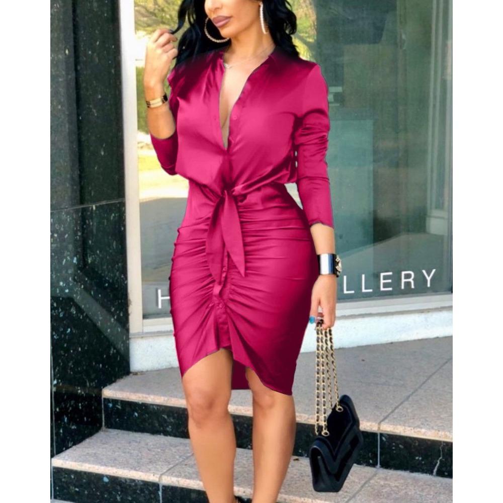 IHUASU Summer V-neck Lace-up Solid Color Long-sleeved Mid-length Shirt Dress Women